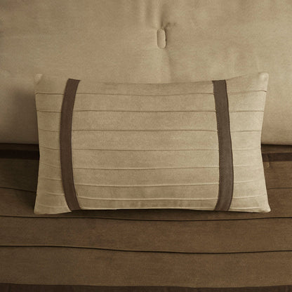 Beige decorative pillow with brown straps from natural Queen faux suede comforter set on Tampa Home & Garden Store