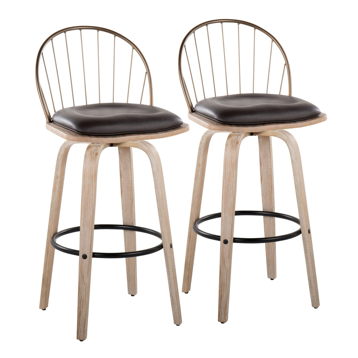 Pair of fixed-height barstools with black cushions, light wood legs and metal backrests on Tampa Home & Garden Store