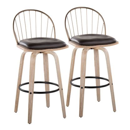 Pair of fixed-height barstools with black cushions, light wood legs and metal backrests on Tampa Home & Garden Store