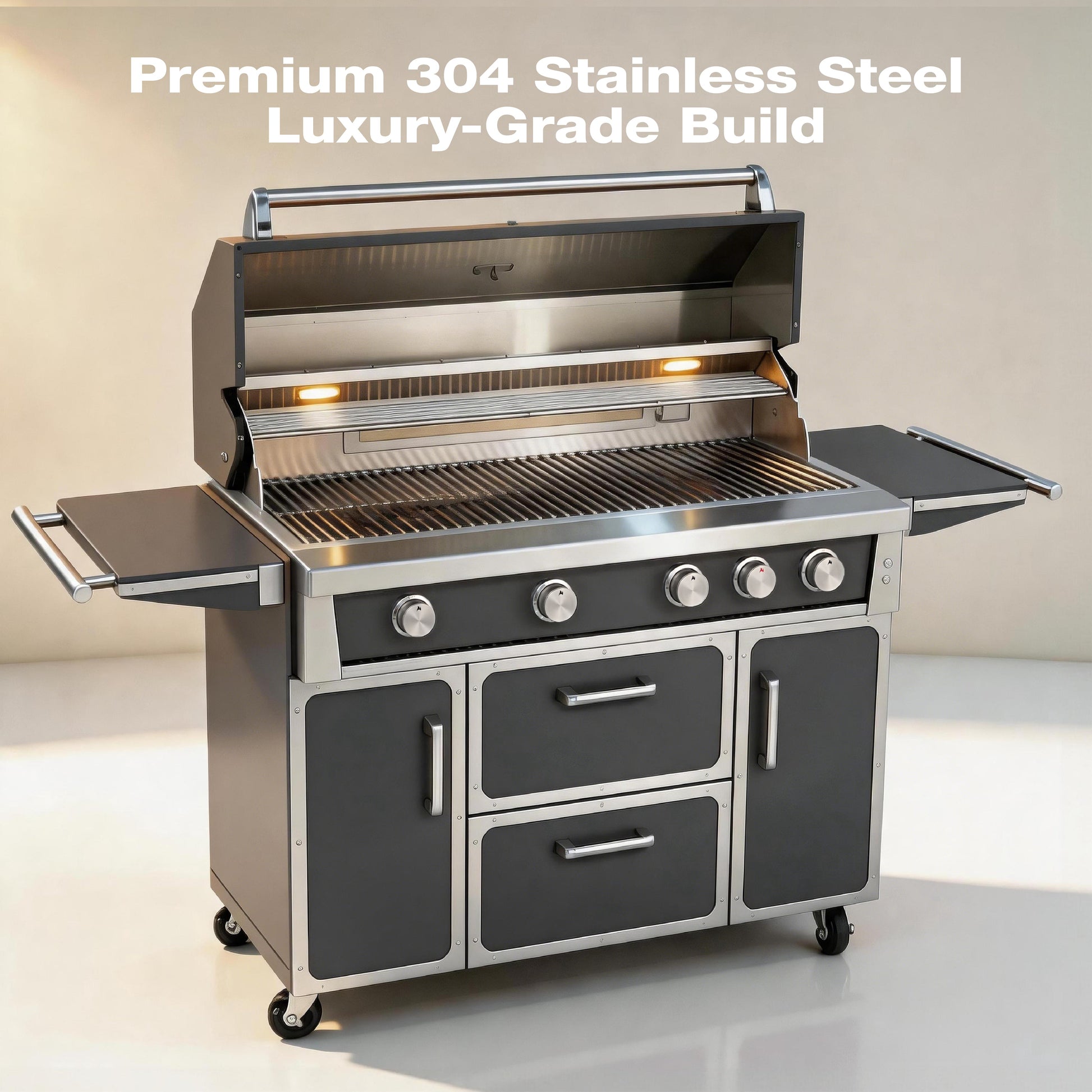Navratil Premium 49in stainless steel grill with five control knobs and bottom storage on Tampa Home & Garden Store