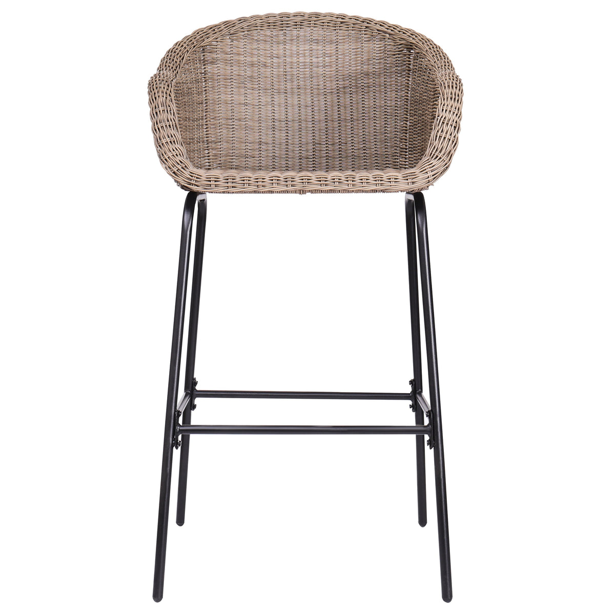 Ladd Outdoor Metal Wicker Barstool Set of 2, brown wicker seat and back, black metal legs, HouseOfZazla on Tampa Home & Garden Store