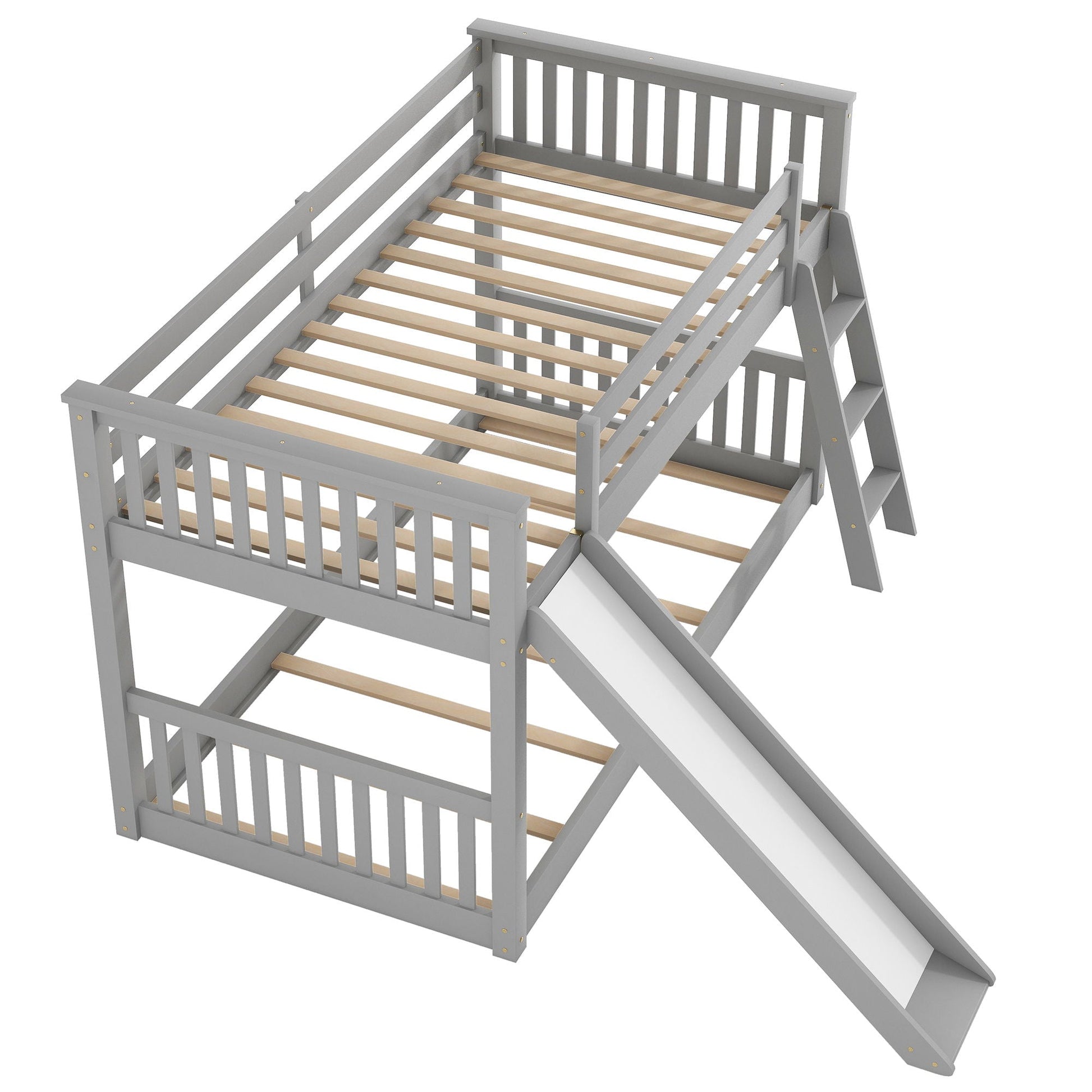 Bunk bed with convertible slide and ladder by HouseOfZazla, gray frame, wooden slats on Tampa Home & Garden Store