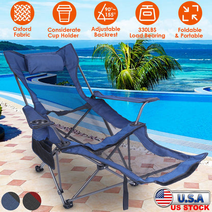 GemGear foldable camping chair with reclining backrest, blue fabric, cup holder and side pocket on Tampa Home & Garden Store