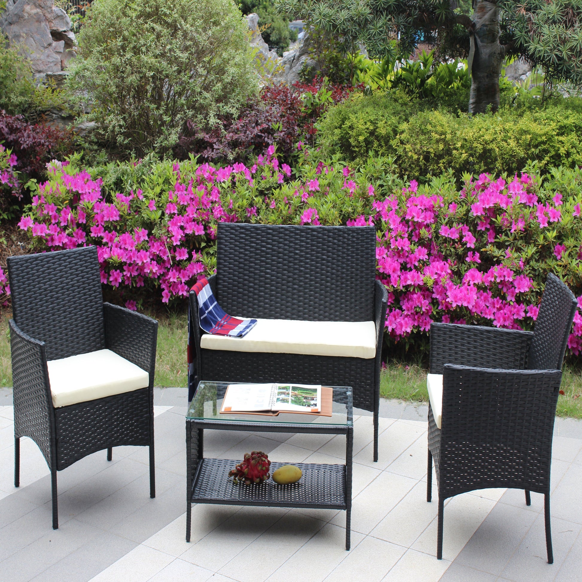 4 pc rattan patio furniture set outdoor cushioned wicker chairs with glass table black wicker on Tampa Home & Garden Store