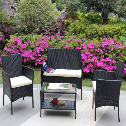 4 pc rattan patio furniture set outdoor cushioned wicker chairs with glass table black wicker on Tampa Home & Garden Store