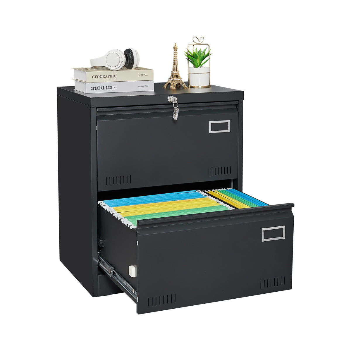 Black metal 2-drawer filing cabinet with lock bottom drawer holds color-coded folders on Tampa Home & Garden Store