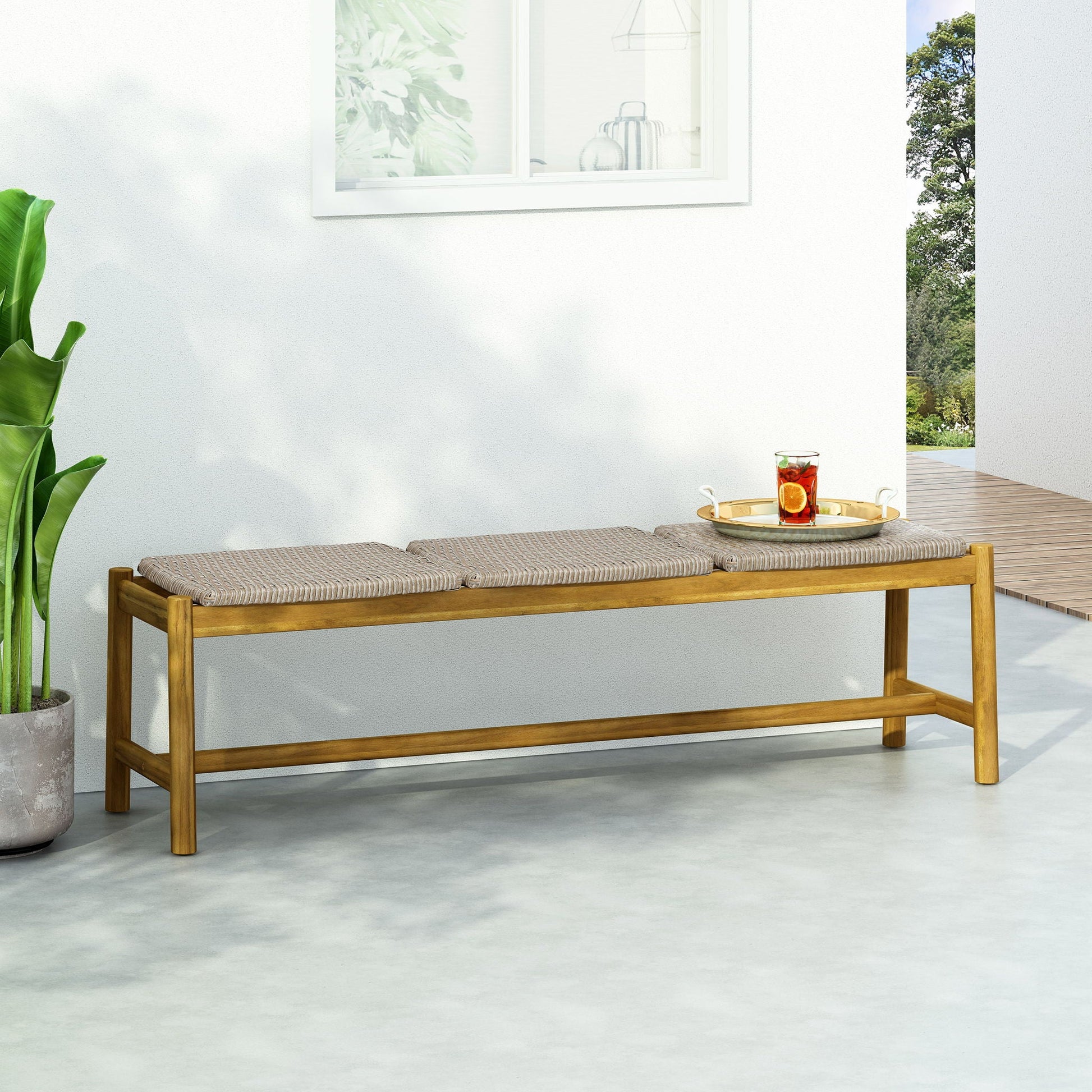 Cambria 3 Seater Teak Outdoor Bench by HouseOfZazla with woven cushion on Tampa Home & Garden Store