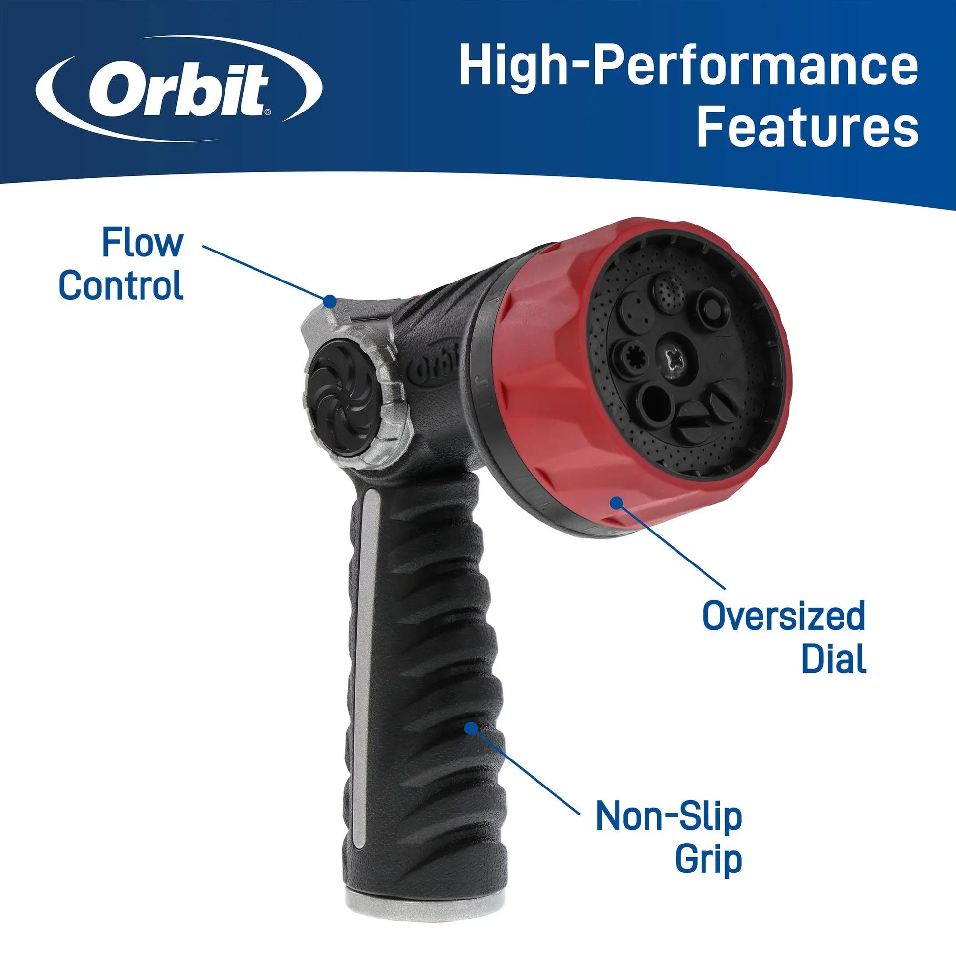 Pro Series 8-Pattern Thumb Control Nozzle Orbit Irrigation red-ringed head with oversized dial on Tampa Home & Garden Store