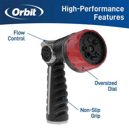 Pro Series 8-Pattern Thumb Control Nozzle Orbit Irrigation red-ringed head with oversized dial on Tampa Home & Garden Store