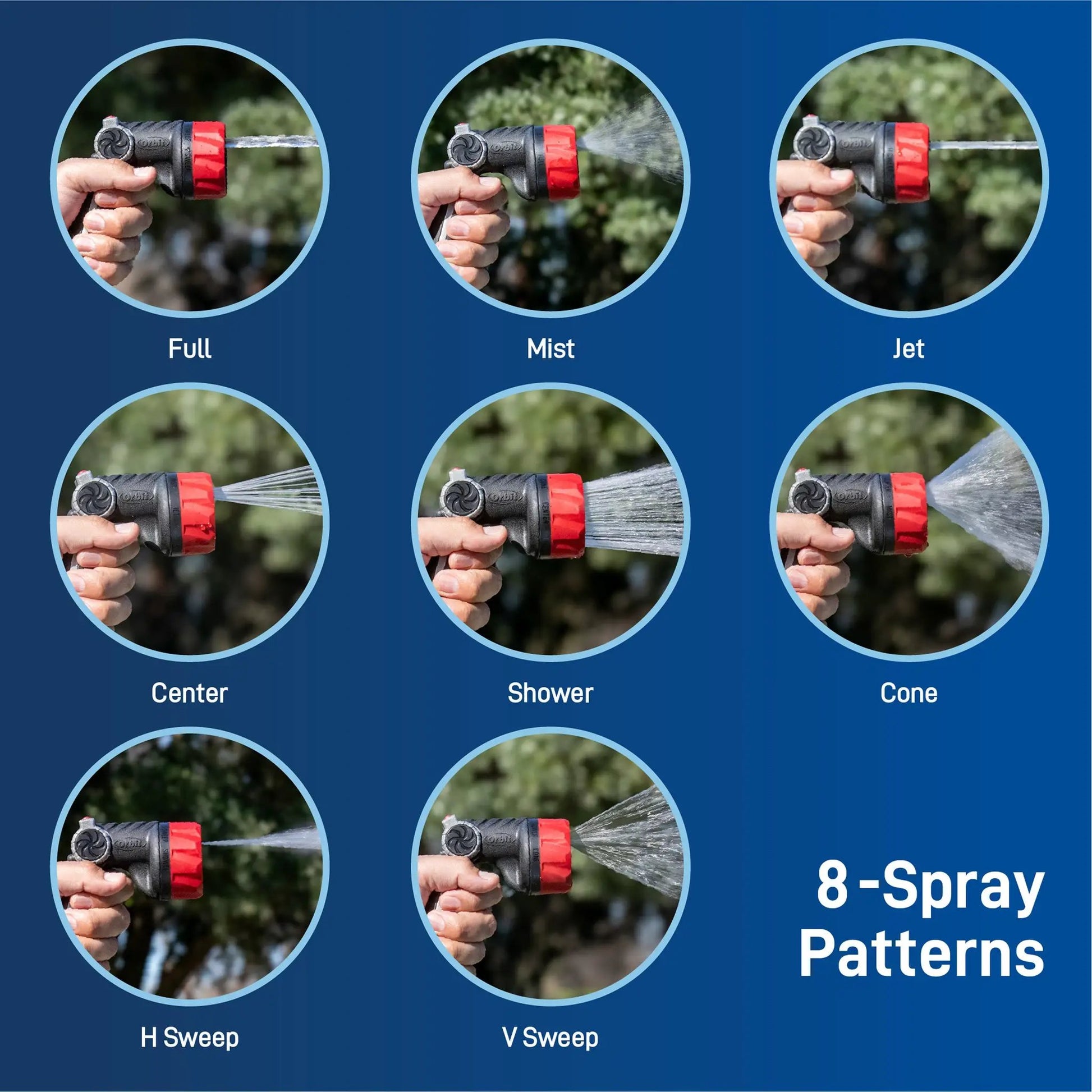 Orbit Pro Series 8-Pattern Thumb Control Nozzle 26812, body with red collar, 8 spray patterns on Tampa Home & Garden Store