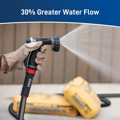 Pro Flo Metal Rear Trigger Hose Nozzle Orbit Irrigation, black nozzle held by gloved hand on Tampa Home & Garden Store