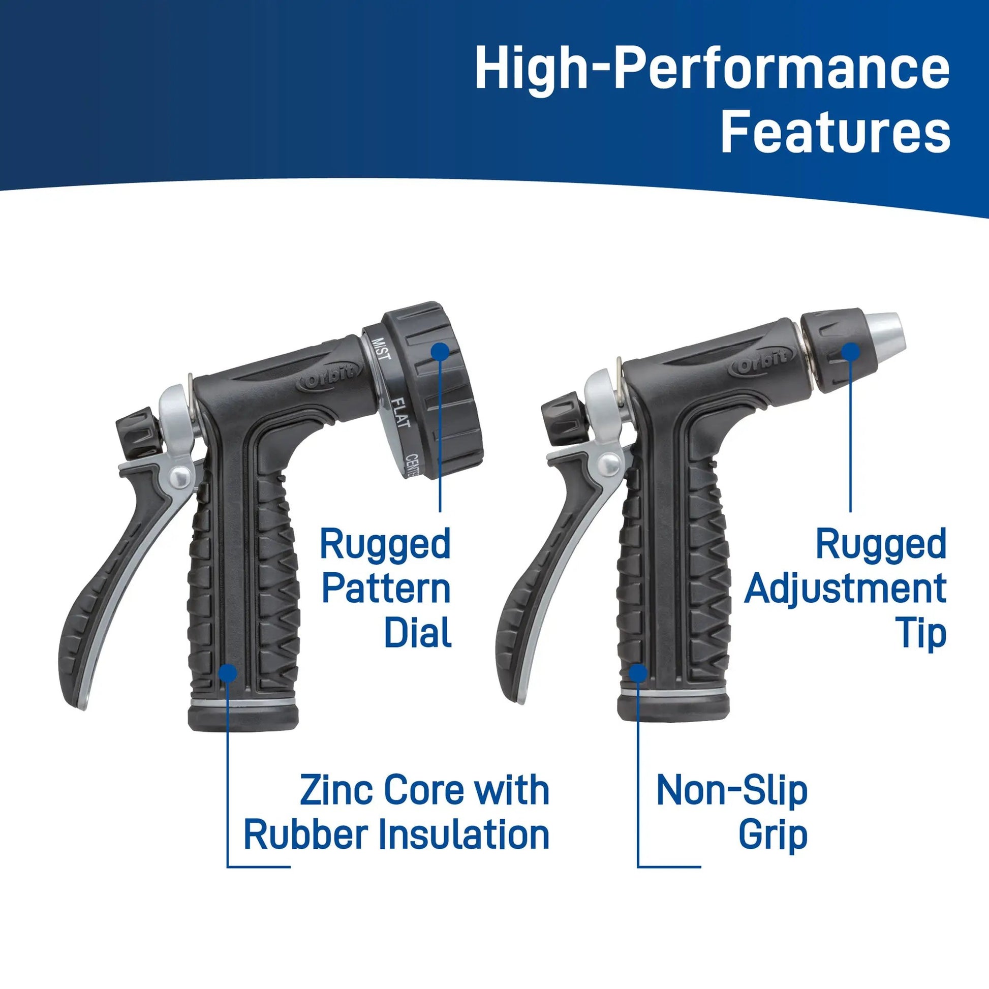 Pro Flo Metal Rear Trigger Nozzle Set two-pack by Orbit Irrigation with rugged rubber-grip handles on Tampa Home & Garden Store