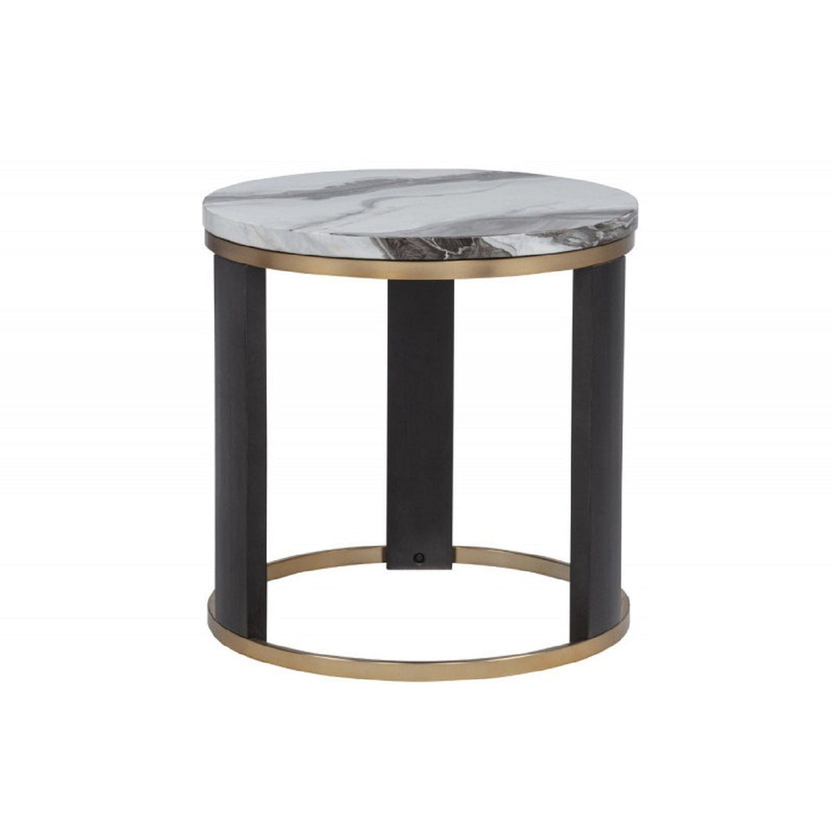 Round end table with faux marble top in gray/white, gold trim, and black legs by HouseOfZazla on Tampa Home & Garden Store