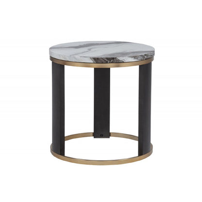Round end table with faux marble top in gray/white, gold trim, and black legs by HouseOfZazla on Tampa Home & Garden Store