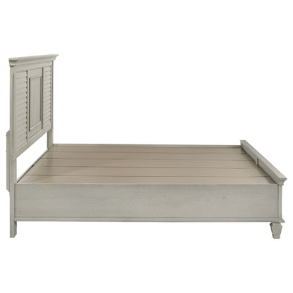 Capistrano 2-Drawer Bed in distressed white wood with a louvered headboard on Tampa Home & Garden Store