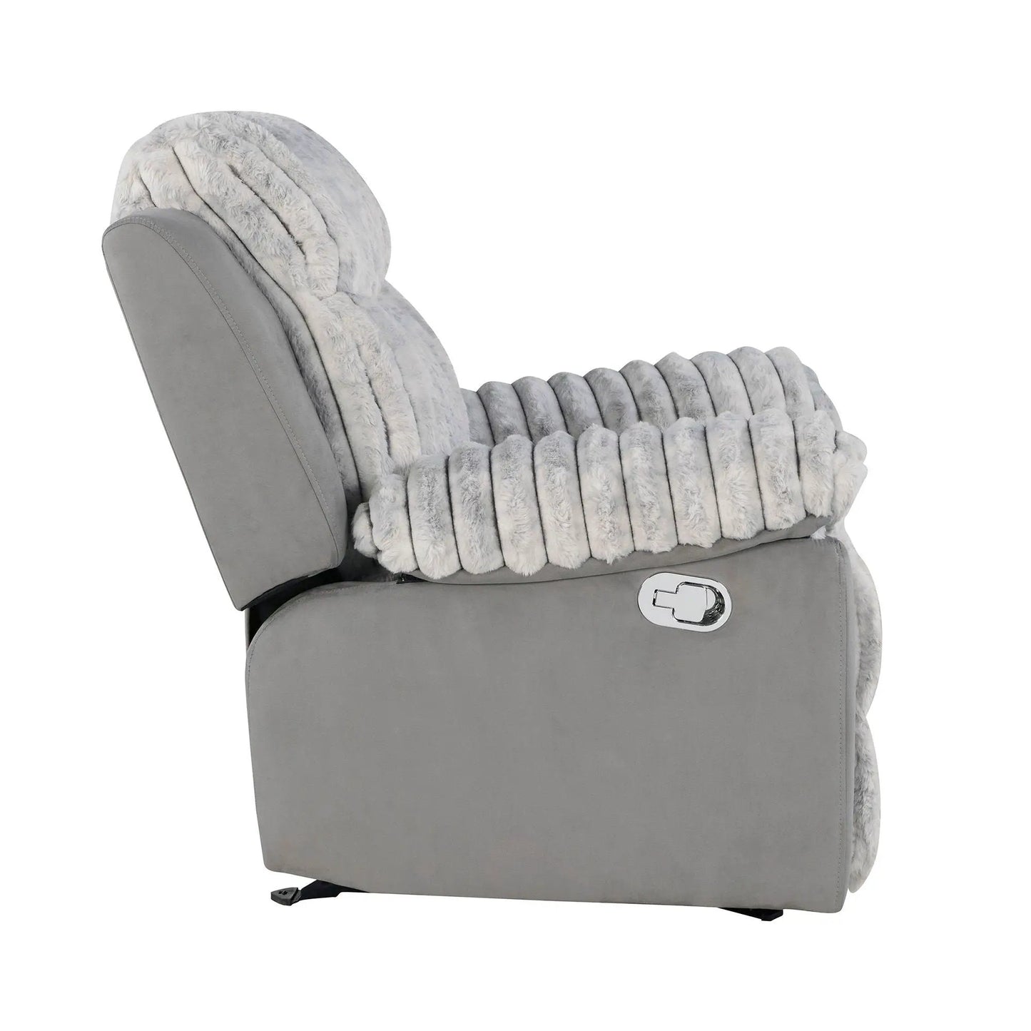 Bruni glider recliner with gray faux fur upholstery, plush cushions, manual recline on Tampa Home & Garden Store