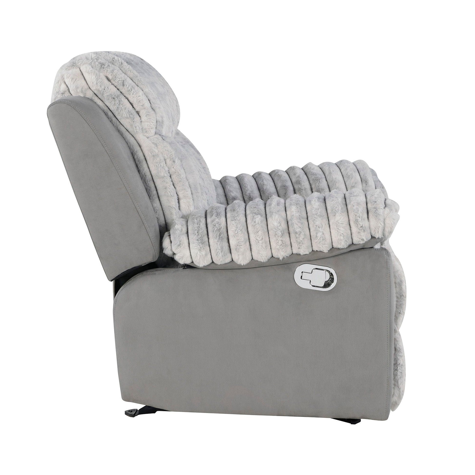 Bruni Glider Recliner with Manual Recline, gray plush fur upholstery, HouseOfZazla on Tampa Home & Garden Store