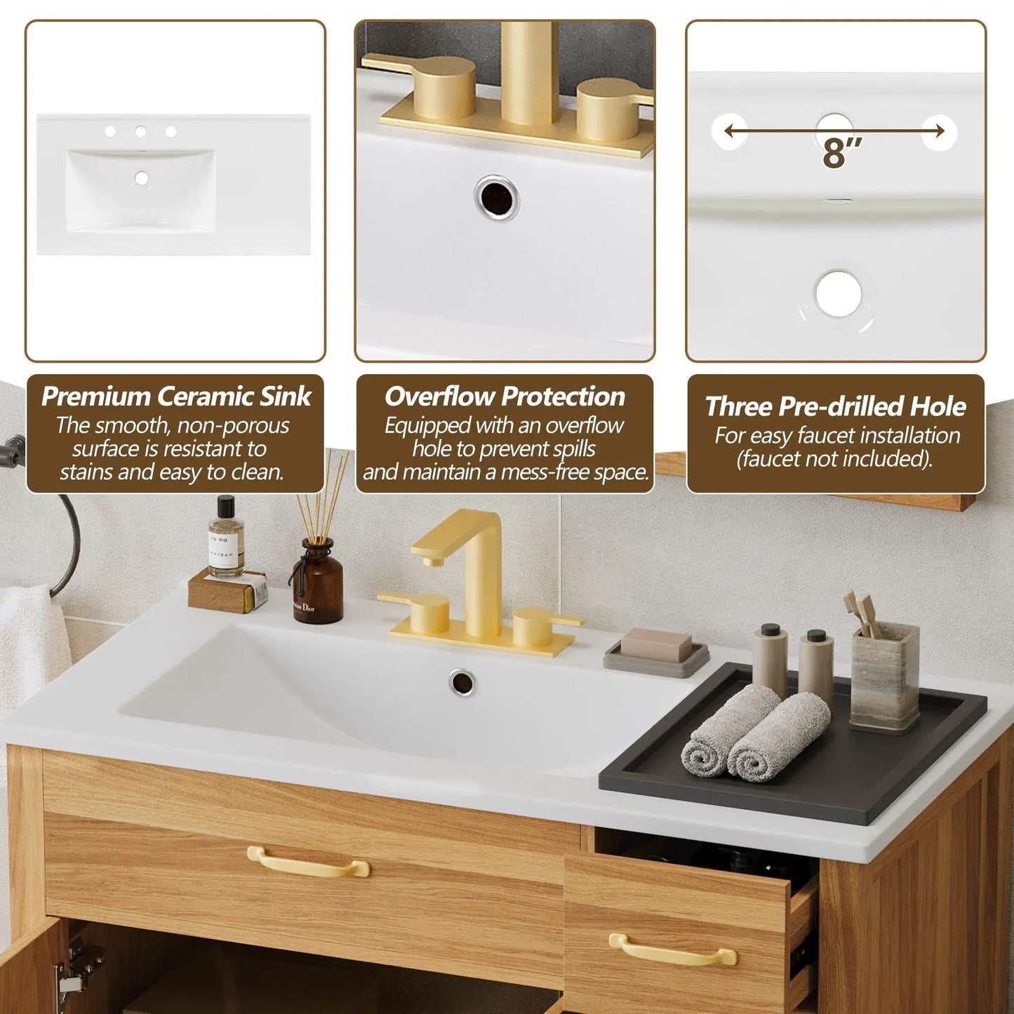 Bathroom Vanity 2 Soft Close Doors and 3 Drawers