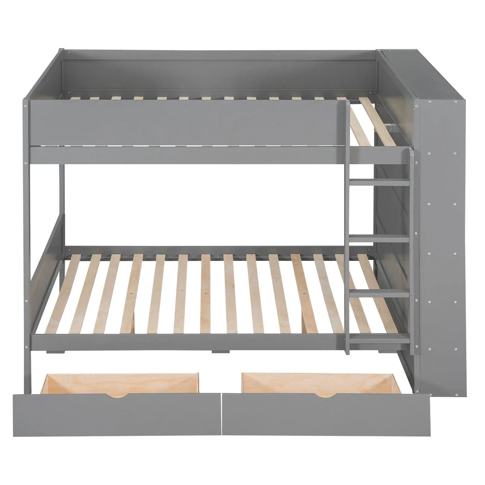 Gray metal bunk bed with 2 drawers and side cabinet, right ladder on Tampa Home & Garden Store