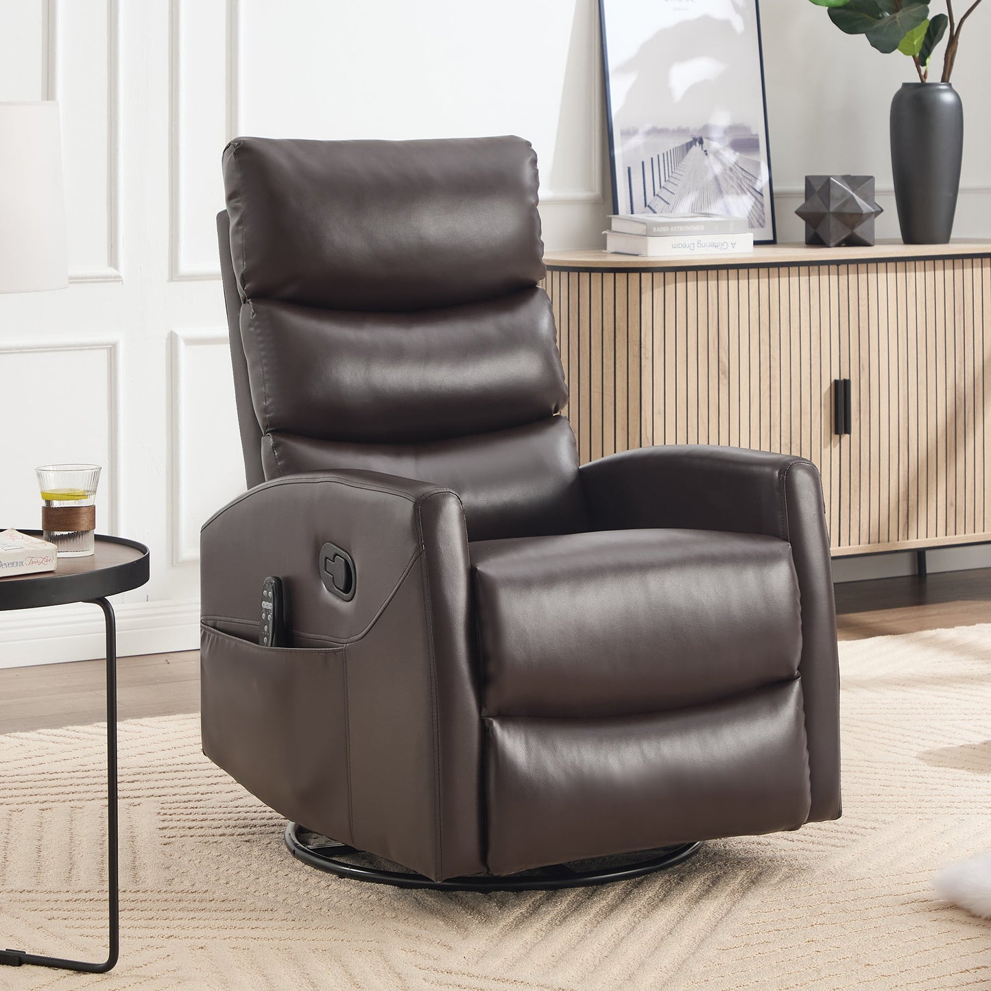 Heat Massage Manual Recliner Chair HouseOfZazla dark brown leather with remote and swivel on Tampa Home & Garden Store