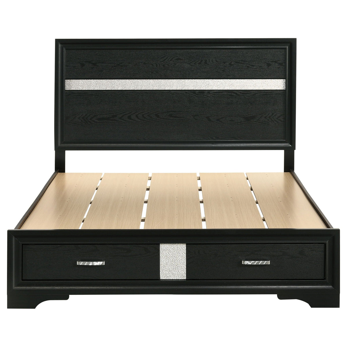 Orchid storage panel bed headboard and footboard in black with silver inlay and drawers on Tampa Home & Garden Store