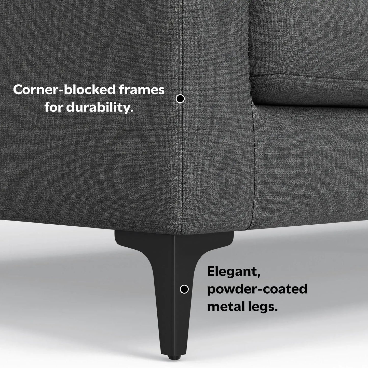 Ava mid-century corner sofa gray fabric by Unique Piece powder-coated metal legs on Tampa Home & Garden Store