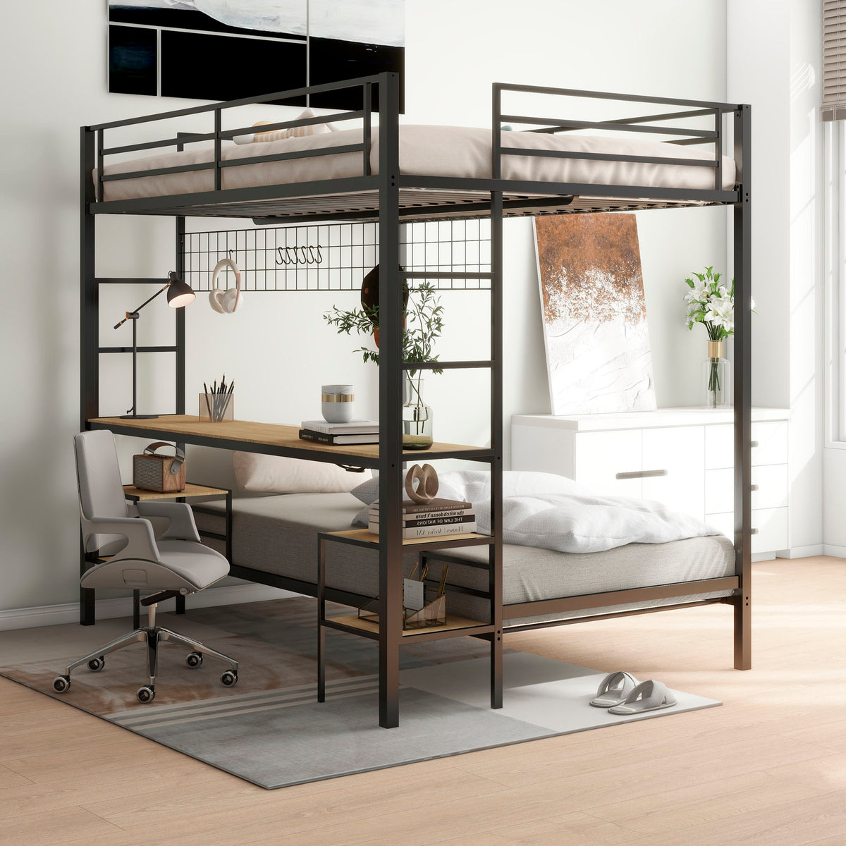 Ethan bunk bed with desk, black metal frame, charging station, storage shelves HouseOfZazla on Tampa Home & Garden Store