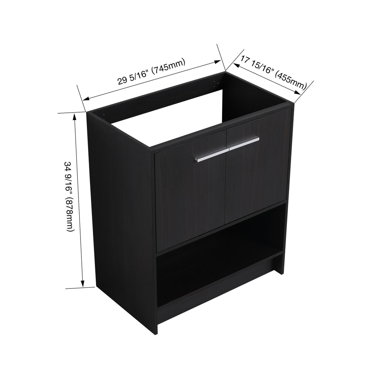 Modern freestanding bathroom vanity with 2 doors in dark brown and open lower shelf on Tampa Home & Garden Store