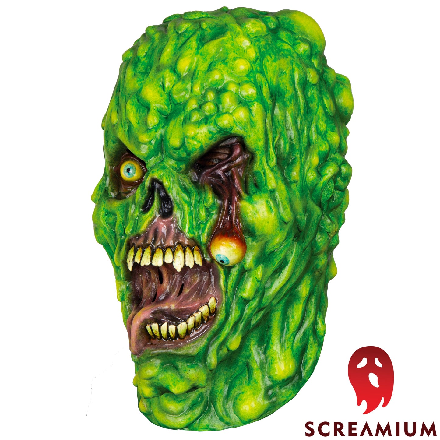 Biohazard Zombie Mask SCREAMIUM, neon green slime texture and yellow eyes on Tampa Home & Garden Store