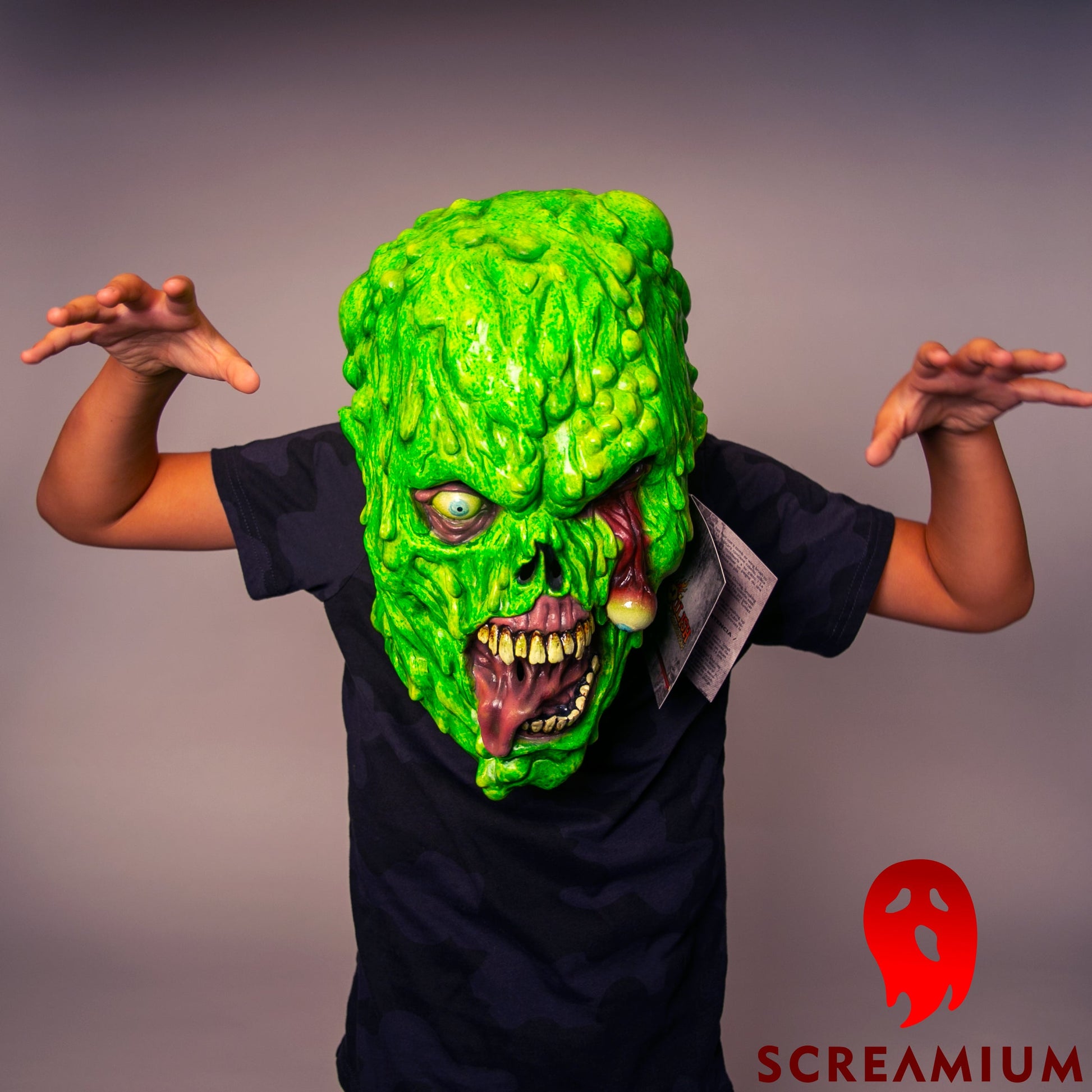 Biohazard Zombie Mask neon green latex with exposed teeth SCREAMIUM Halloween mask on Tampa Home & Garden Store