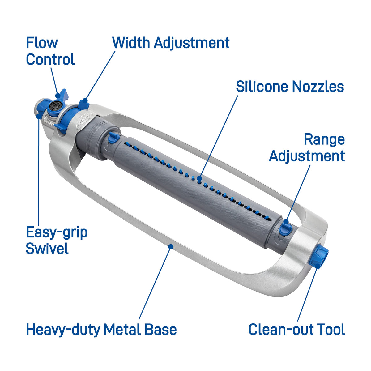 Orbit elevated gear-drive oscillator hose-end sprinkler with metal base and blue accents on Tampa Home & Garden Store