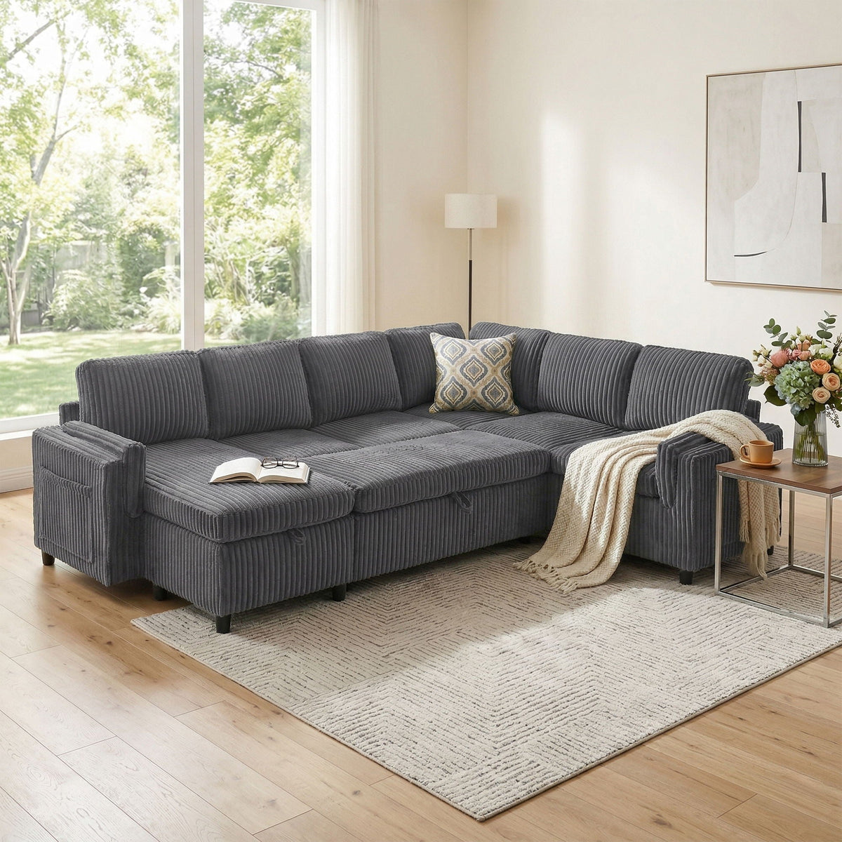 Convertible UShaped SectionalSofaBed graycorduroy with USB ports and storage HouseOfZazla on Tampa Home & Garden Store