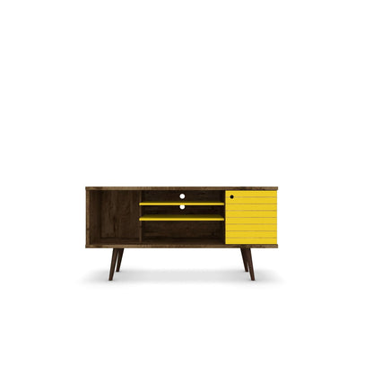 Free Standing TV Stand with storage, yellow right cabinet and yellow shelves, mid-century legs on Tampa Home & Garden Store