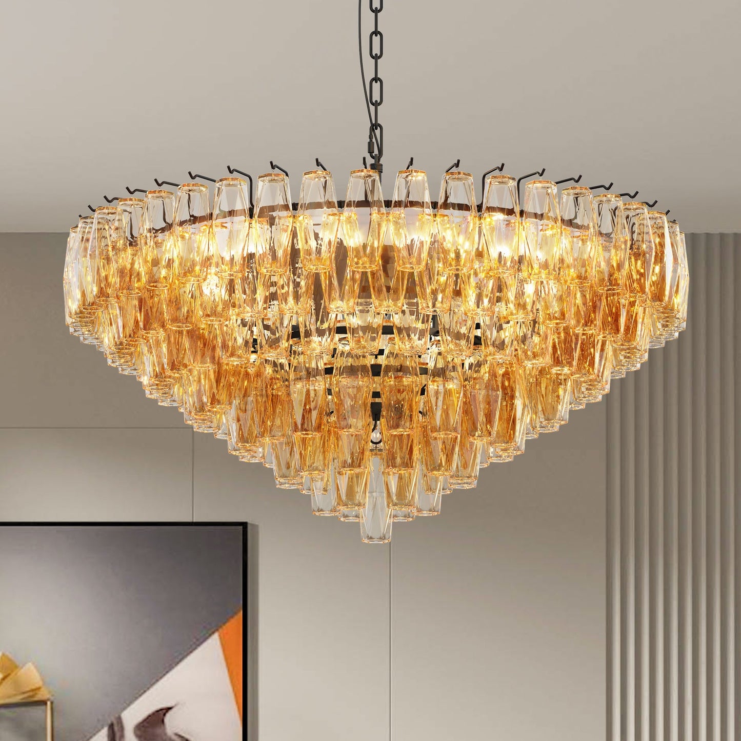Modern round 14-light chandelier with black finish and smoke glass tubes by HouseOfZazla on Tampa Home & Garden Store