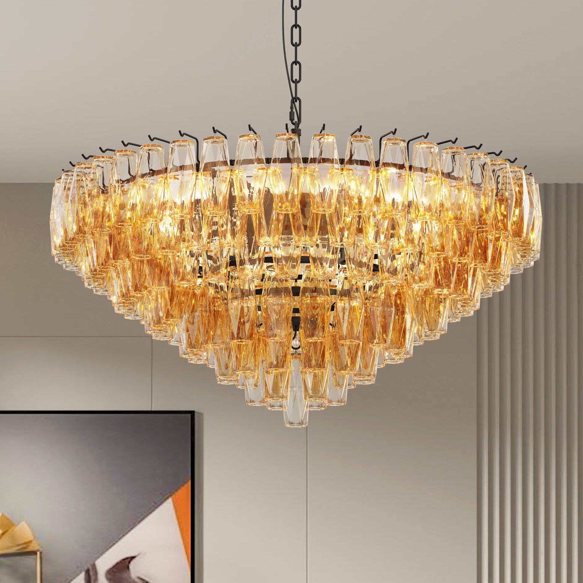 Modern round 14-light chandelier with black finish and smoke glass tubes by HouseOfZazla on Tampa Home & Garden Store