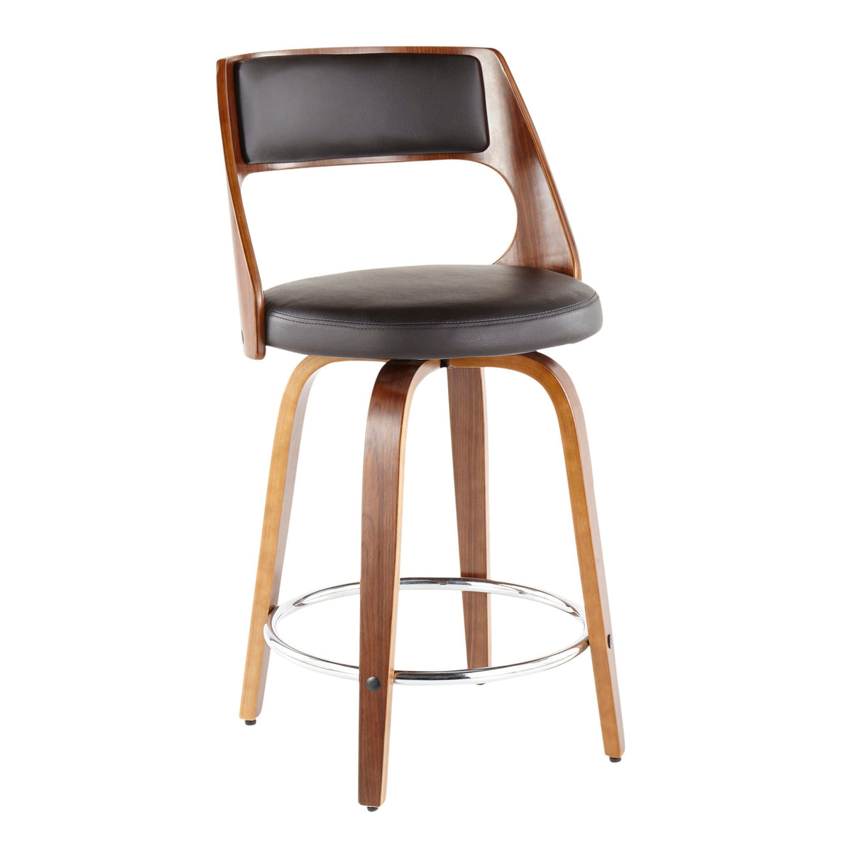 Mid-Century Modern counter stool with swivel, dark wood, black leather seat, chrome footring on Tampa Home & Garden Store