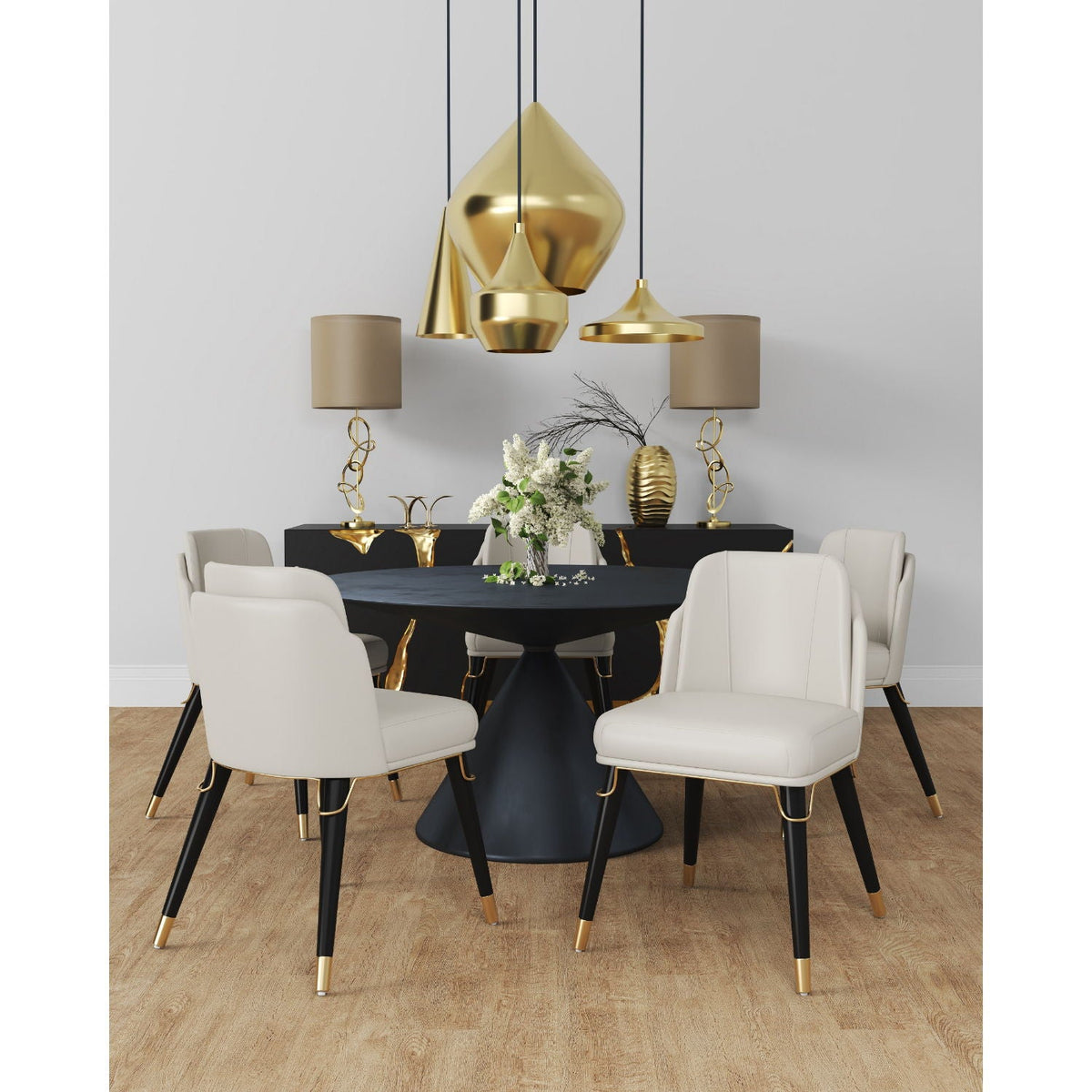 Estelle Dining Chair with Metal Accents cream upholstery, set of 6 around a round black table on Tampa Home & Garden Store