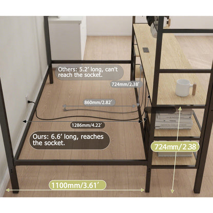 Ethan bunk bed with desk, black metal frame, light wood desk top and storage shelves on Tampa Home & Garden Store
