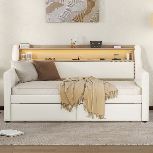 Twin size daybed in white PU leather with drawers and LED lights on Tampa Home & Garden Store