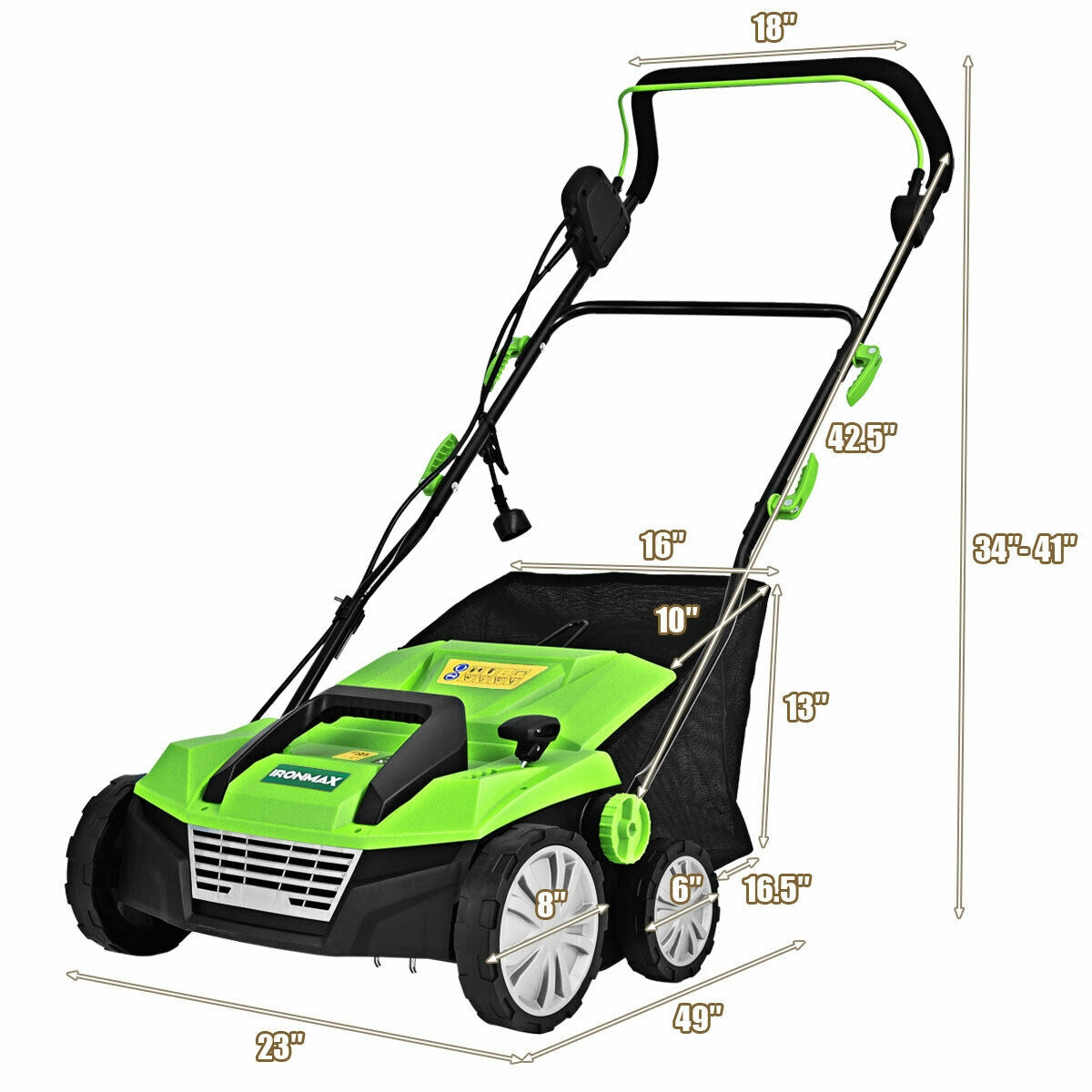 Escarificador eléctrico de 15 pulgadas y 13 amperios con bolsa recolectora y cuchillas extraíbles - Verde