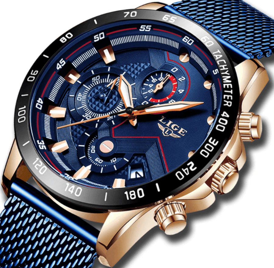 Stevvex men's sports waterproof watch with blue dial, rose-gold case and mesh bracelet on Tampa Home & Garden Store