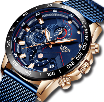 Stevvex men's sports waterproof watch with blue dial, rose-gold case and mesh bracelet on Tampa Home & Garden Store