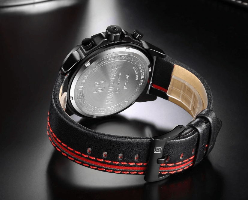 Men's sports waterproof watch with black leather strap and red stitching, Stevvex ST1N400MMF on Tampa Home & Garden Store