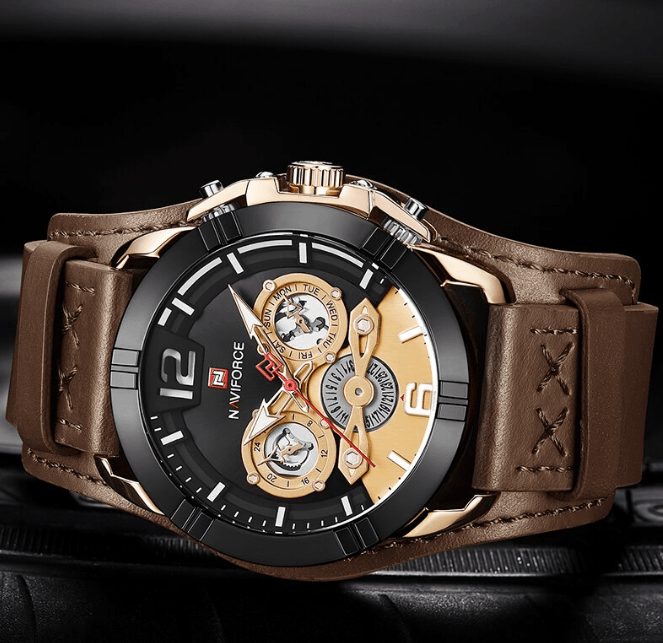 Stevvex men's leather waterproof watch with chronographs and luminous hands, brown strap on Tampa Home & Garden Store