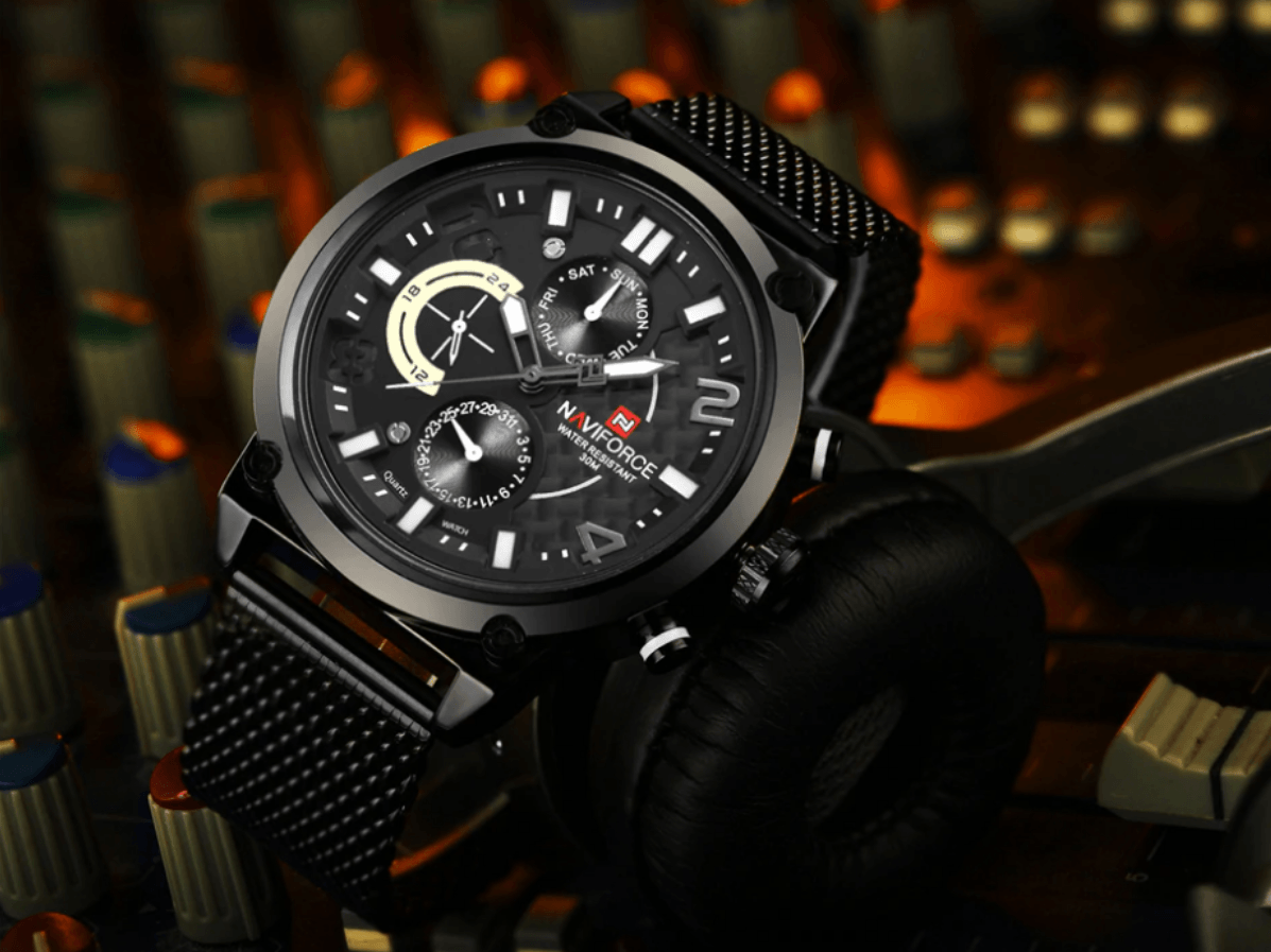 Men's multifunction quartz watch with black dial and stainless steel mesh band Stevvex on Tampa Home & Garden Store