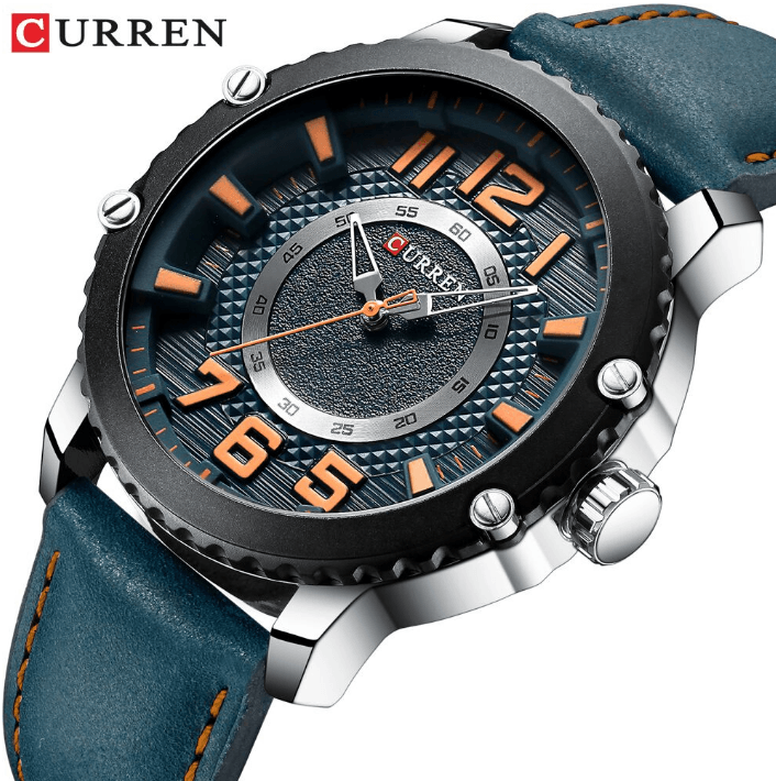 Curren men's waterproof sport watch with blue leather band and bold orange numerals on Tampa Home & Garden Store