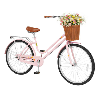 26in Beach Cruiser Bike for Women DirectDeals pink frame brown saddle wicker basket rear rack on Tampa Home & Garden Store