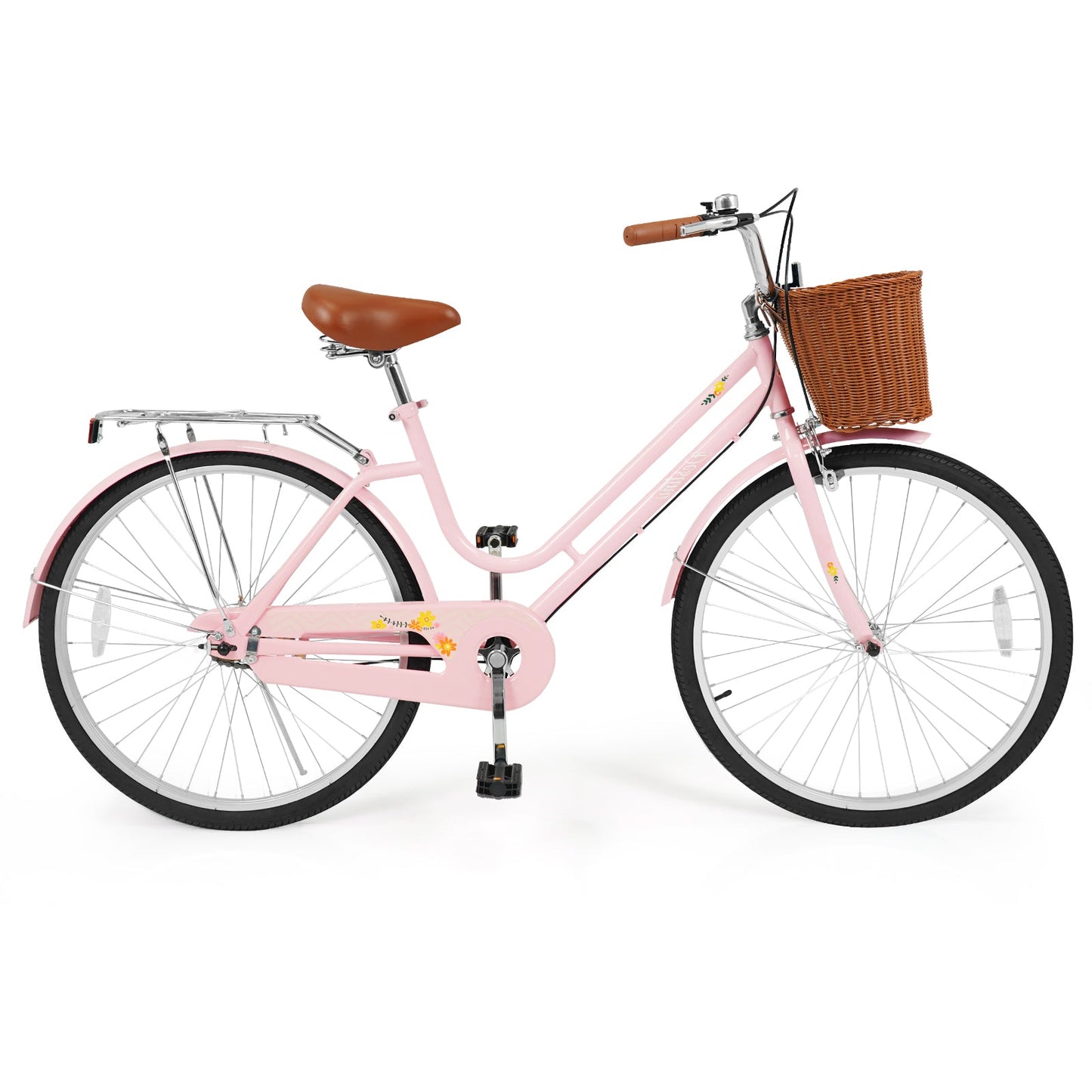 26-inch pink women's cruiser bike with brown saddle, front wicker basket, and rear rack on Tampa Home & Garden Store