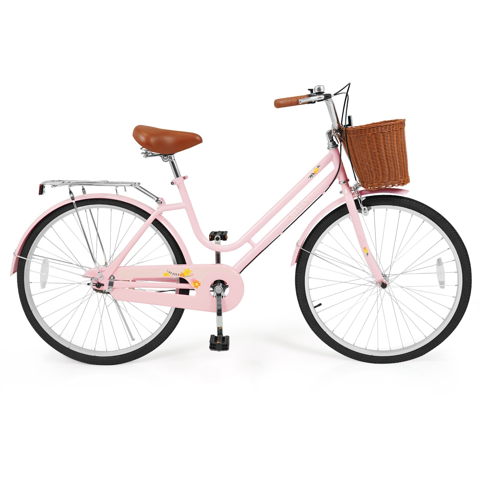 26-inch pink women's cruiser bike with brown saddle, front wicker basket, and rear rack on Tampa Home & Garden Store
