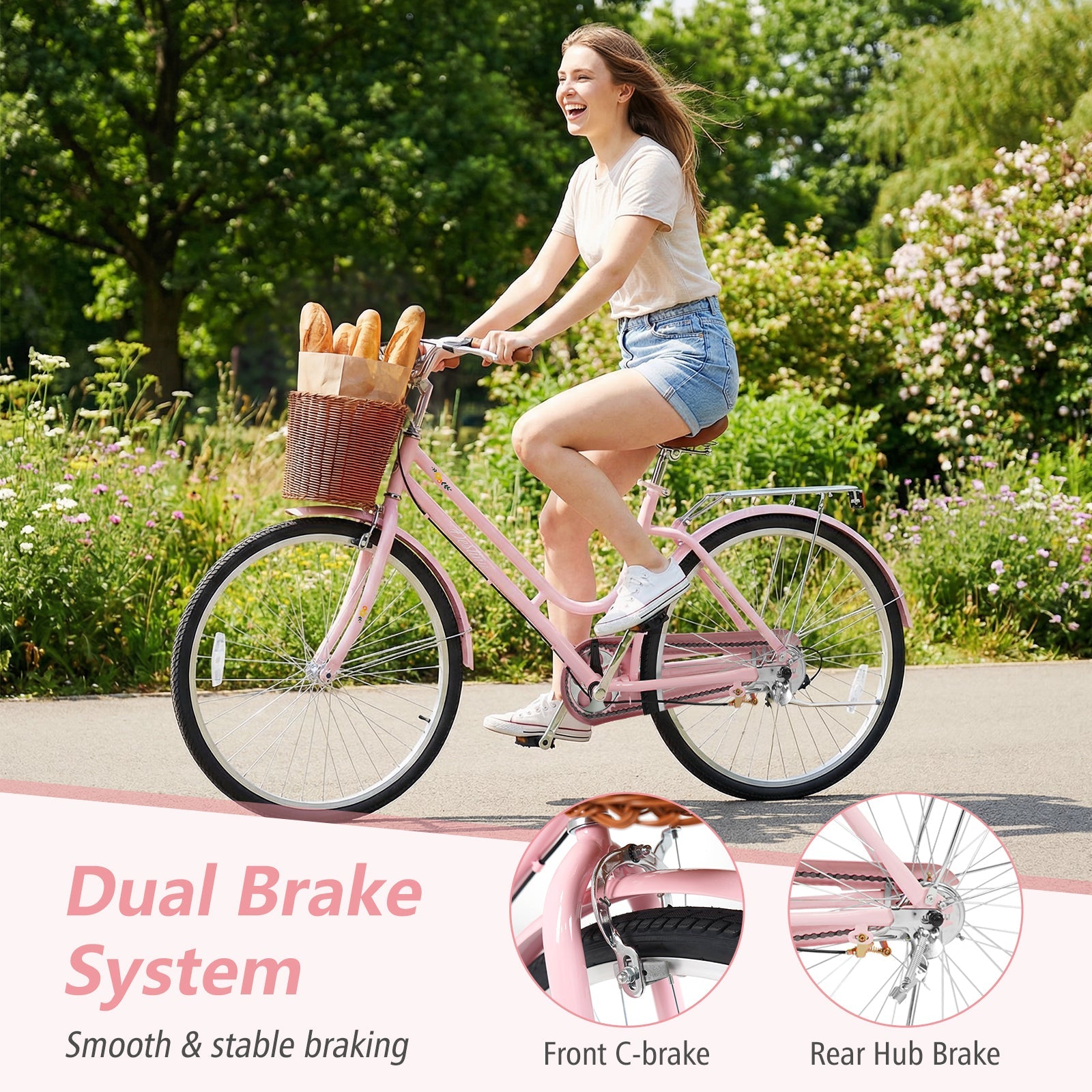 26in pink women's cruiser bike by DirectDeals with basket and rear rack on Tampa Home & Garden Store